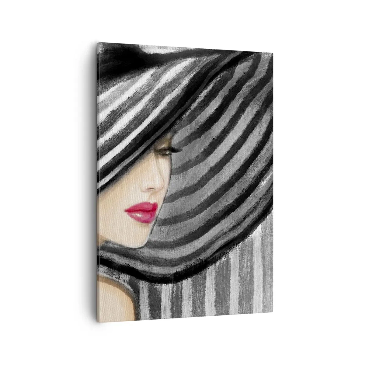Obraz na płótnie - Kobieta w dużym czarno-białym kapeluszu z czerwonymi ustami - 50x70cm - Gdzie ciebie szukać? - Nowoczesna dekoracja ścienna do salonu, kuchni i sypialni ARTTOR