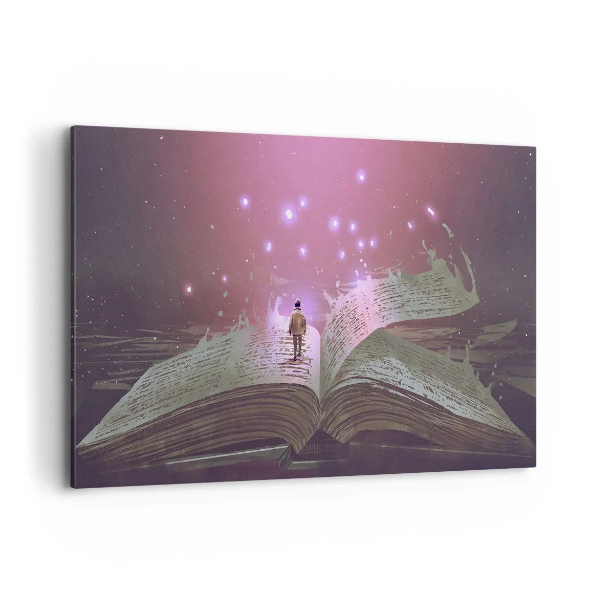 Obraz na płótnie - Postać wchodząca na otwartą książkę w magicznym świetle - 120x80cm - Zaproszenie do innego świata - przeczytaj! - Nowoczesna dekoracja ścienna do salonu, kuchni i sypialni ARTTOR