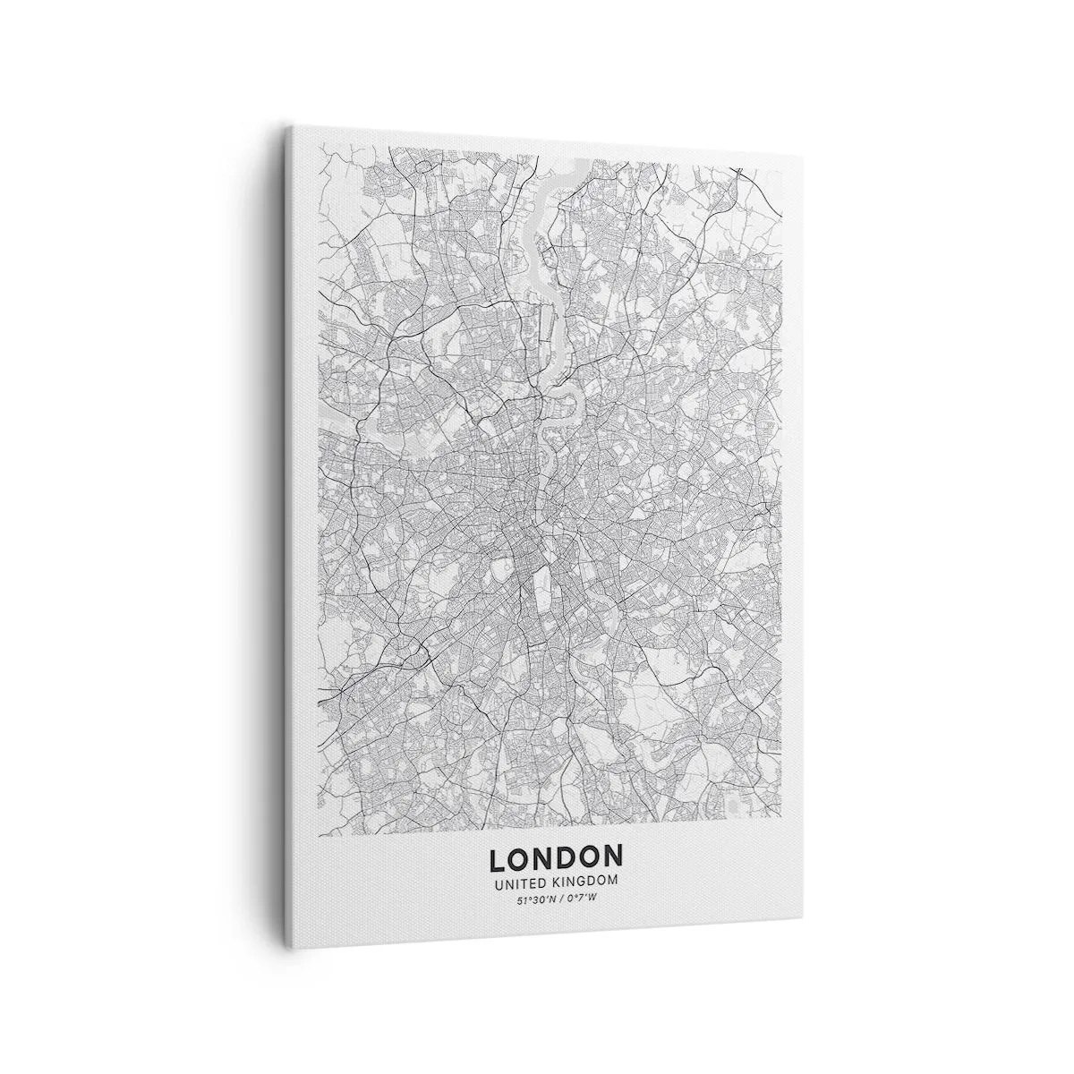 Obraz na płótnie - Czarno-biała mapa Londynu z zaznaczonymi ulicami i rzeką Tamizą - 50x70cm - Mapa londyńskiego labiryntu - Nowoczesna dekoracja ścienna do salonu, kuchni i sypialni ARTTOR