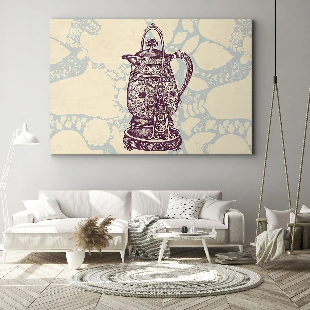 Obraz na płótnie - Stylizowany dzbanek z ornamentami na tle kwiatowym - 70x50cm - Uroda codzienności - Nowoczesna dekoracja ścienna do salonu i sypialni ARTTOR