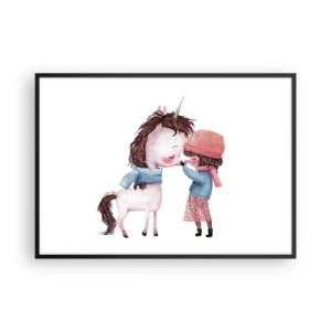 Plakat w czarnej ramie - Dziewczynka i jednorożec w zimowej scenerii - 100x70cm - Zimowa opowieść - Nowoczesna dekoracja ścienna do salonu i sypialni ARTTOR