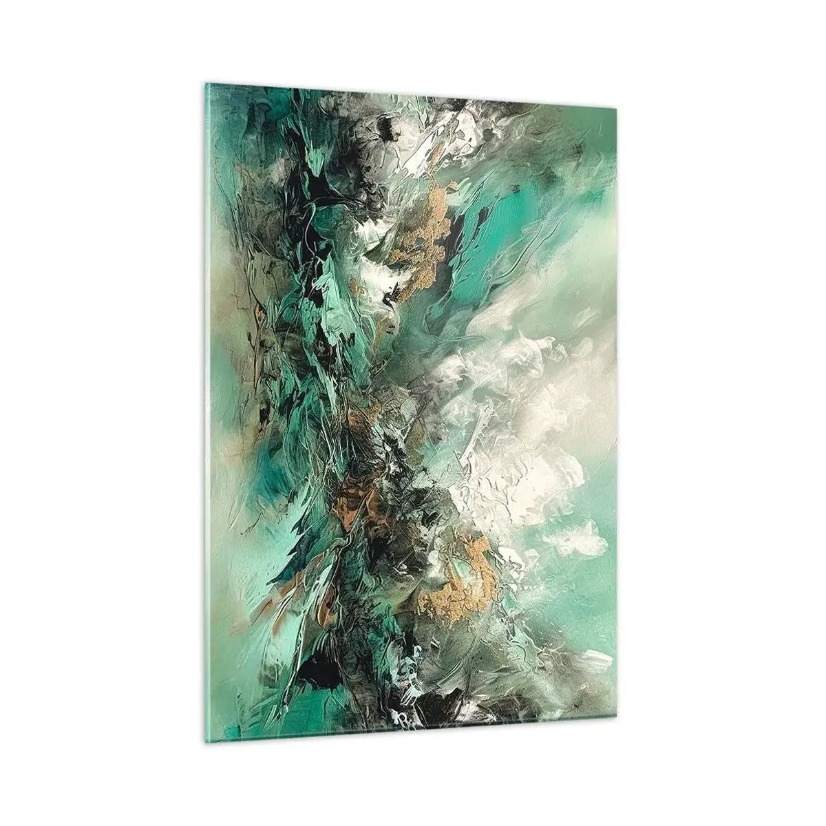 Obraz na szkle - Abstrakcyjna kompozycja w odcieniach szmaragdu, czerni i bieli - 50x70cm - Szmaragdowo-czarna kipiel - Nowoczesna dekoracja ścienna do salonu, kuchni i sypialni ARTTOR