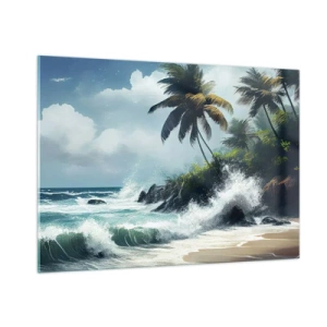 Obraz na szkle - Fale uderzające o skały przy palmach na tropikalnej plaży - 100x70cm - Na tropikalnym brzegu - Nowoczesna dekoracja ścienna do salonu, kuchni i sypialni ARTTOR