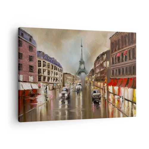 Obraz na płótnie - Wieczorny pejzaż ulicy Paryża z widokiem na wieżę Eiffla - 70x50cm - Liczy się tylko ona - Nowoczesna dekoracja ścienna do salonu i sypialni ARTTOR
