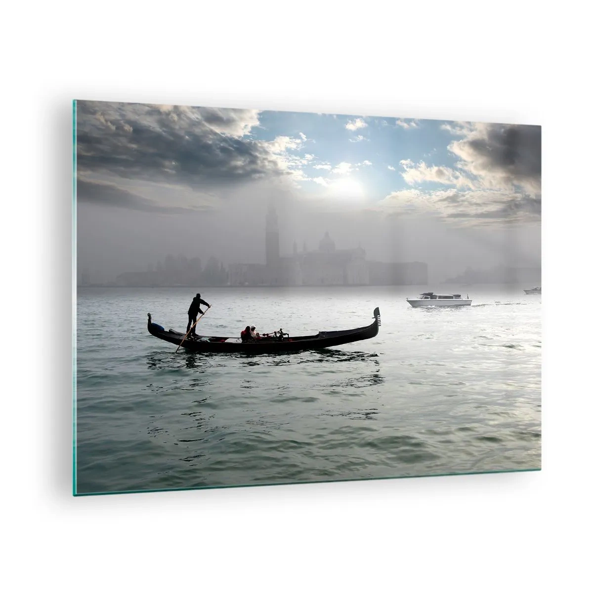 Obraz na szkle - Gondola na wodach Wenecji w mglisty poranek - 70x50cm - Bajeczne miasto z wody i mgły - Nowoczesna dekoracja ścienna do salonu i sypialni ARTTOR