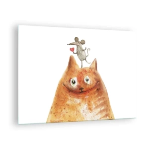 Obraz na szkle - Kot z myszą na głowie w humorystycznym stylu - 70x50cm - Paradoksy miłości - Nowoczesna dekoracja ścienna do salonu i sypialni ARTTOR