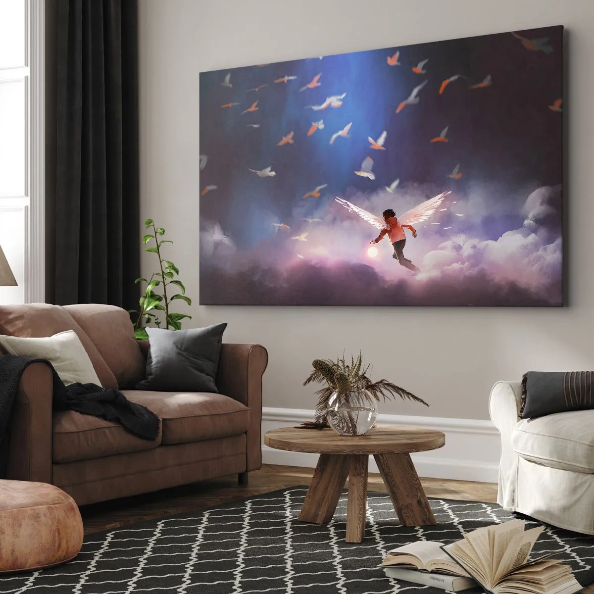 Obraz na płótnie - Postać z anielskimi skrzydłami unosząca się wśród ptaków na tle nieba - 70x50cm - Trzeba mieć wyobraźnię i odwagę - Nowoczesna dekoracja ścienna do salonu i sypialni ARTTOR
