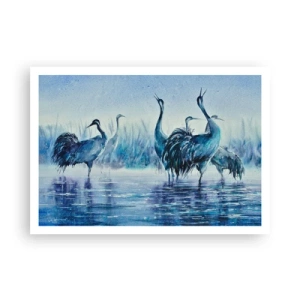 Plakat - Żurawie na tle mgły i wody w niebieskiej tonacji - 100x70cm - Poranne spotkanie - Nowoczesna dekoracja ścienna do salonu i sypialni ARTTOR