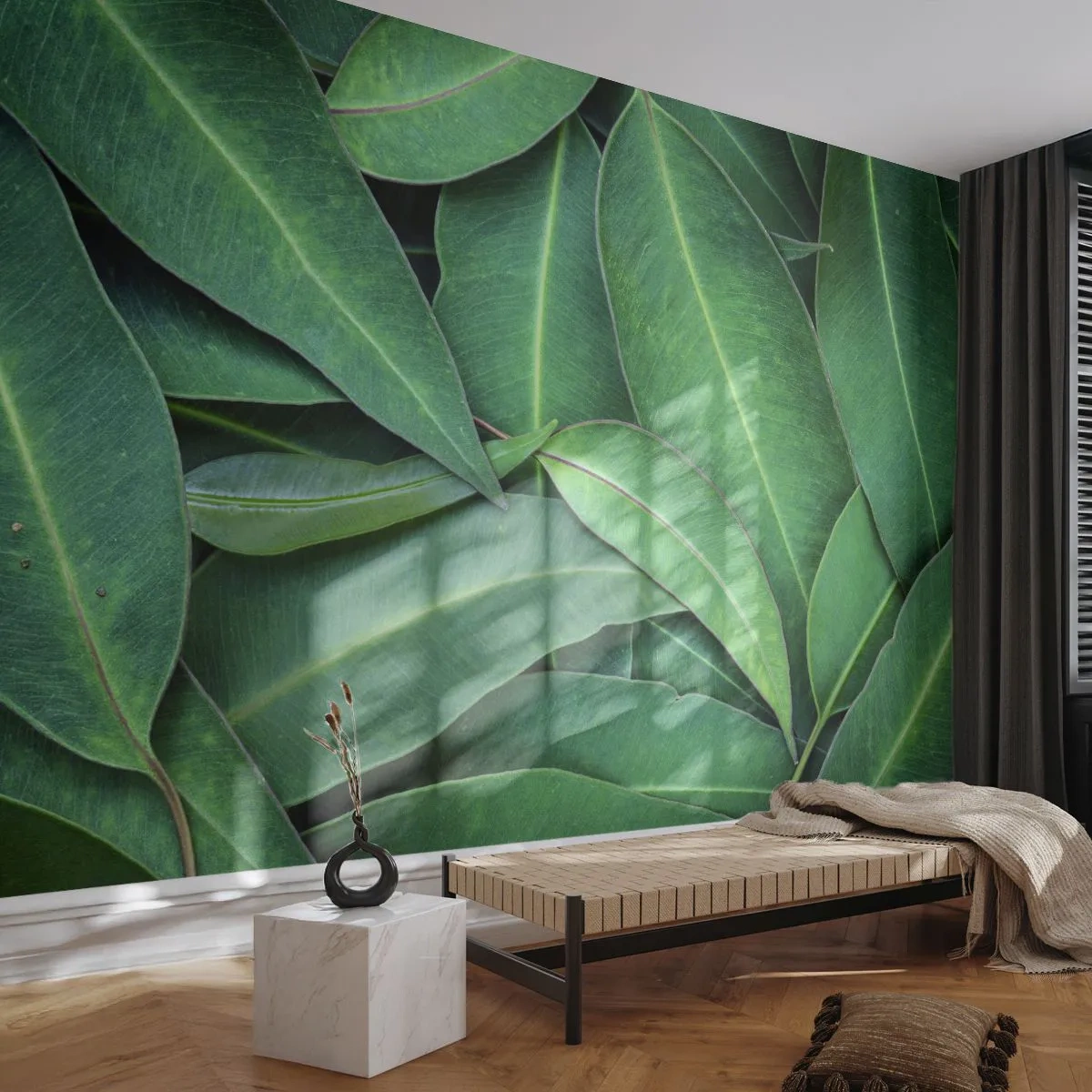 Fototapeta Premium Sand - Zielone liście w tropikalnym układzie - 100x70cm - Soczyste i świeże - Nowoczesna dekoracja ścienna do salonu, kuchni i sypialni ARTTOR