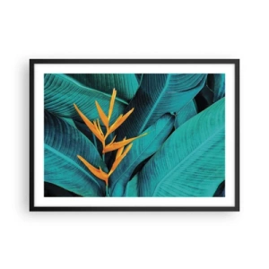 Plakat w czarnej ramie - Egzotyczny kwiat na tle liści bananowca w turkusowych odcieniach - 70x50cm - Kwiat Edenu - Nowoczesna dekoracja ścienna do salonu i sypialni ARTTOR