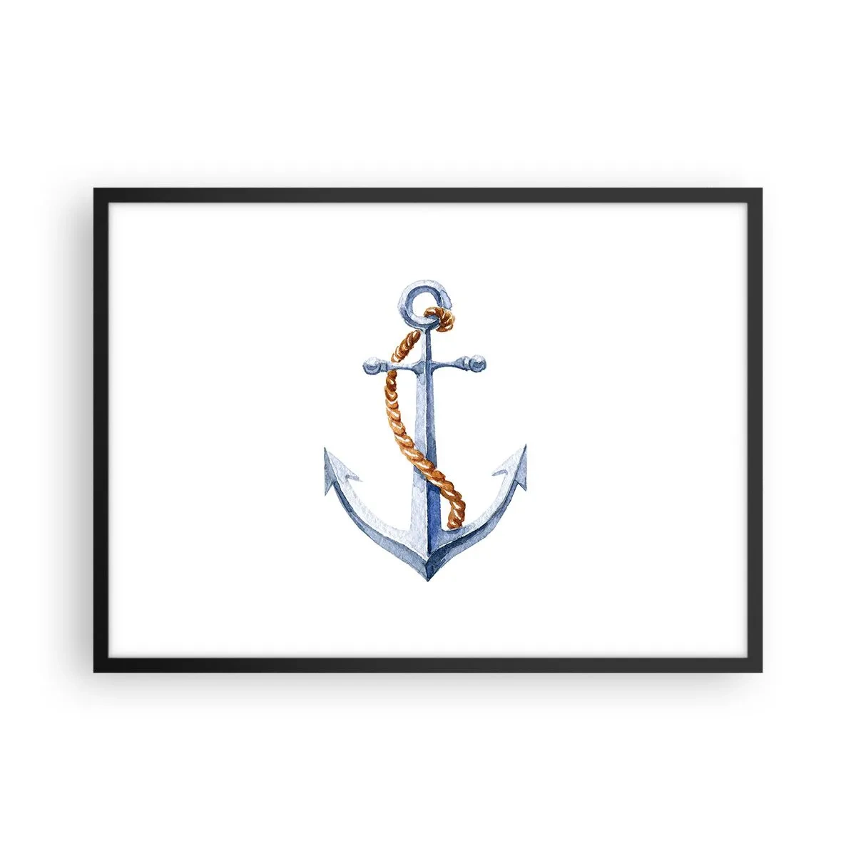 Plakat w czarnej ramie - Kotwica z liną w akwarelowym stylu - 70x50cm - Ahoj przygodo! - Nowoczesna dekoracja ścienna do salonu i sypialni ARTTOR