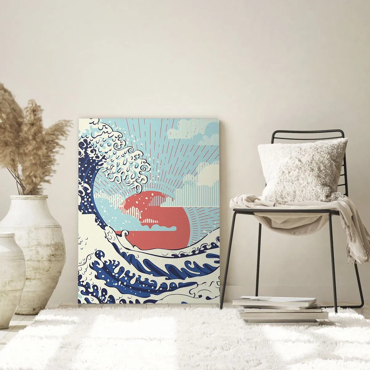 Obraz na szkle - Fale oceanu i zachodzące słońce w stylu japońskim - 70x100cm - Z japońskich inspiracji - Nowoczesna dekoracja ścienna do salonu i sypialni ARTTOR