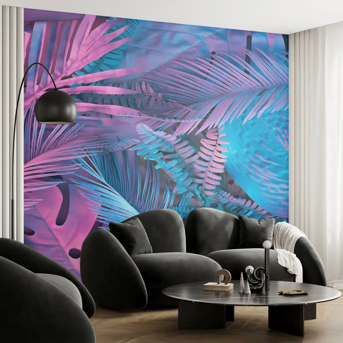 Fototapeta Premium Sand - Egzotyczne liście w odcieniach różu i błękitu - 100x70cm - Tropiki w różu i błękicie - Nowoczesna dekoracja ścienna do salonu, kuchni i sypialni ARTTOR