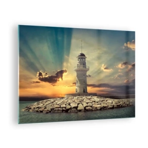 Obraz na szkle - Latarnia morska na tle zachodzącego słońca - 70x50cm - Światło - Dobro - Piękno - Nowoczesna dekoracja ścienna do salonu i sypialni ARTTOR