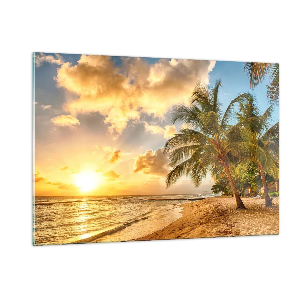 Obraz na szkle - Plaża z palmami o zachodzie słońca z ciepłymi kolorami nieba - 120x80cm - Wieczne lato, zawsze wakacje - Nowoczesna dekoracja ścienna do salonu, kuchni i sypialni ARTTOR