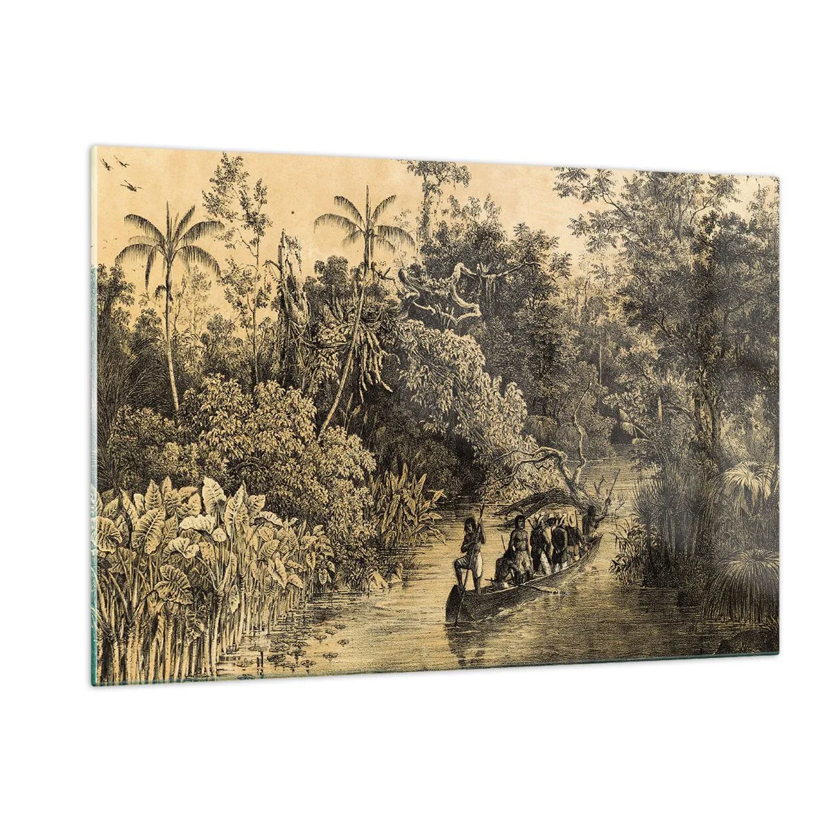 Obraz na szkle - Retro rycina przedstawiająca podróż przez dżunglę - 120x80cm - Wyprawa do źródła - Nowoczesna dekoracja ścienna do salonu, kuchni i sypialni ARTTOR