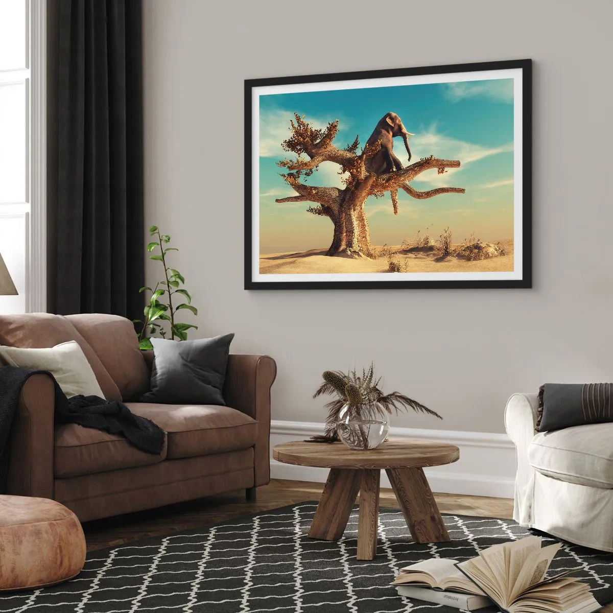 Plakat w czarnej ramie - Siedzący słoń na drzewie w surrealistycznym krajobrazie - 70x50cm - Nowy punkt widzenia - Nowoczesna dekoracja ścienna do salonu i sypialni ARTTOR