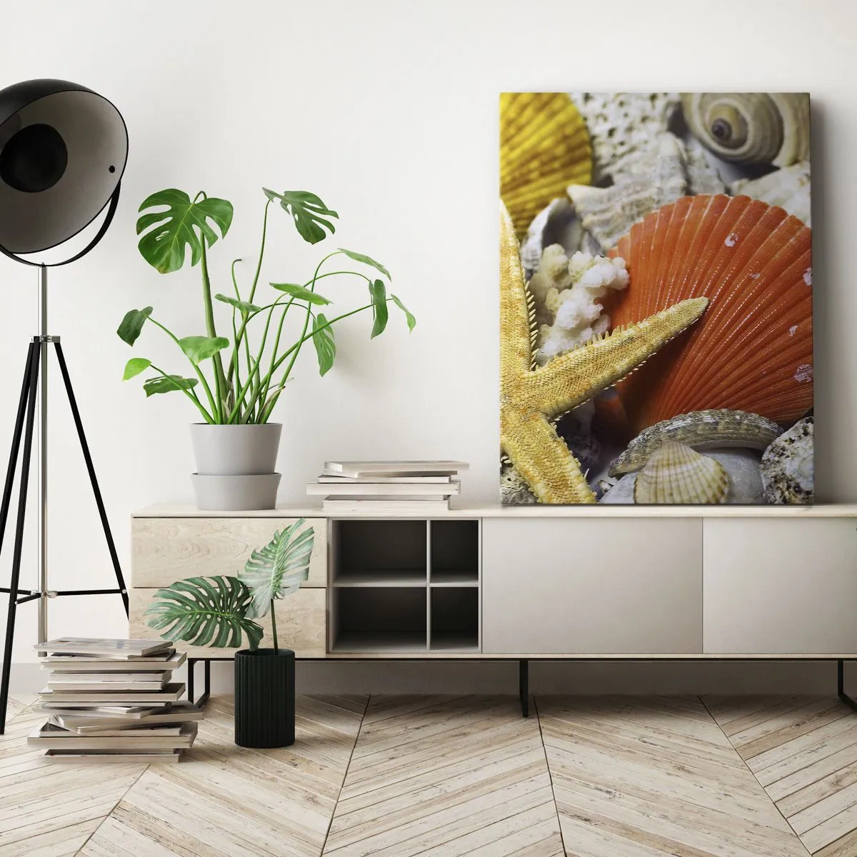 Obraz na płótnie - Zbliżenie na muszle i rozgwiazdę w wakacyjnym klimacie - 50x70cm - Skarby oceanu - Nowoczesna dekoracja ścienna do salonu, kuchni i sypialni ARTTOR