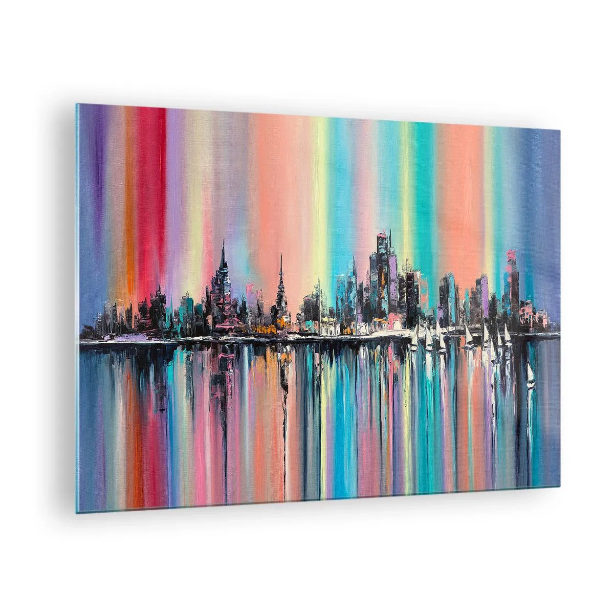 Obraz na szkle - Abstrakcyjna panorama miasta z wielobarwnym tłem - 70x50cm - Spłynąć światłem nocy - Nowoczesna dekoracja ścienna do salonu i sypialni ARTTOR