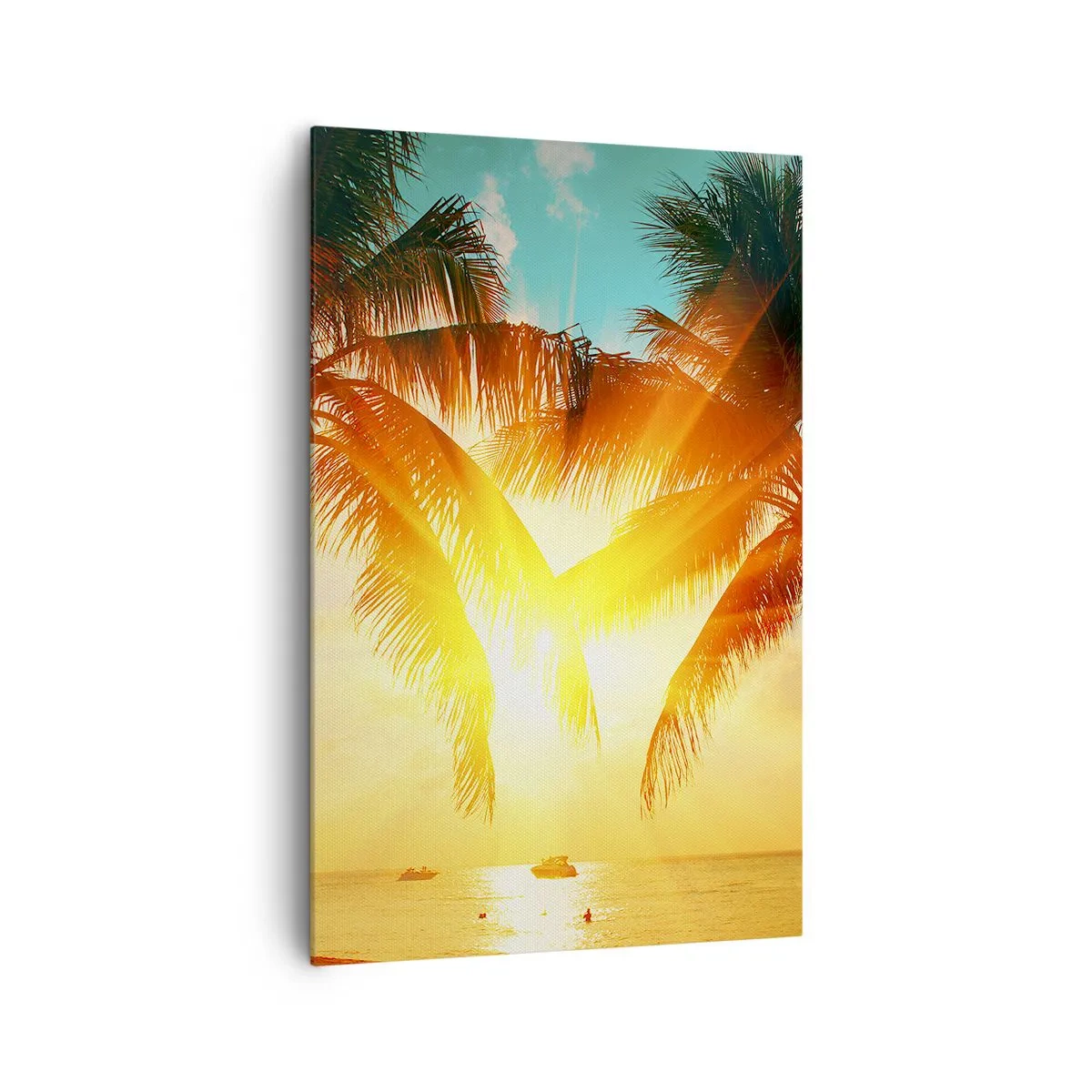 Obraz na płótnie - Palmy oświetlone ciepłym światłem zachodzącego słońca - 80x120cm - Egzotyczna para - Nowoczesna dekoracja ścienna do salonu i sypialni ARTTOR