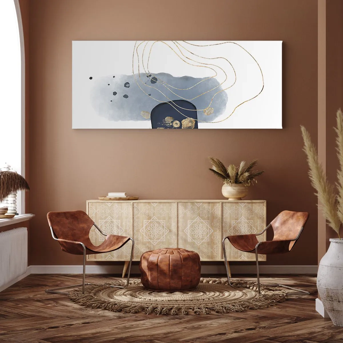 Obraz na płótnie - Abstrakcja w odcieniach niebieskiego i złotego - 120x50cm - Niebiesko-złota fantazja - Nowoczesna dekoracja ścienna do salonu i sypialni ARTTOR