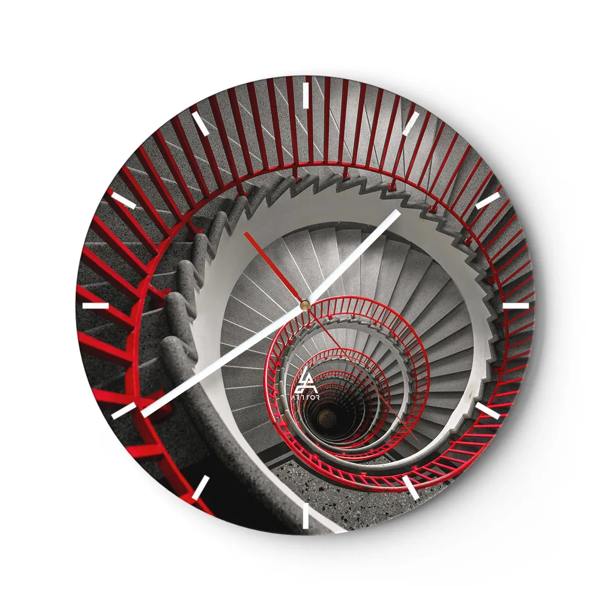 Zegar ścienny - Perspektywa spiralnych schodów z czerwonymi poręczami - 30x30cm - Zabawy architektury - Nowoczesna dekoracja ścienna do salonu, kuchni i sypialni ARTTOR