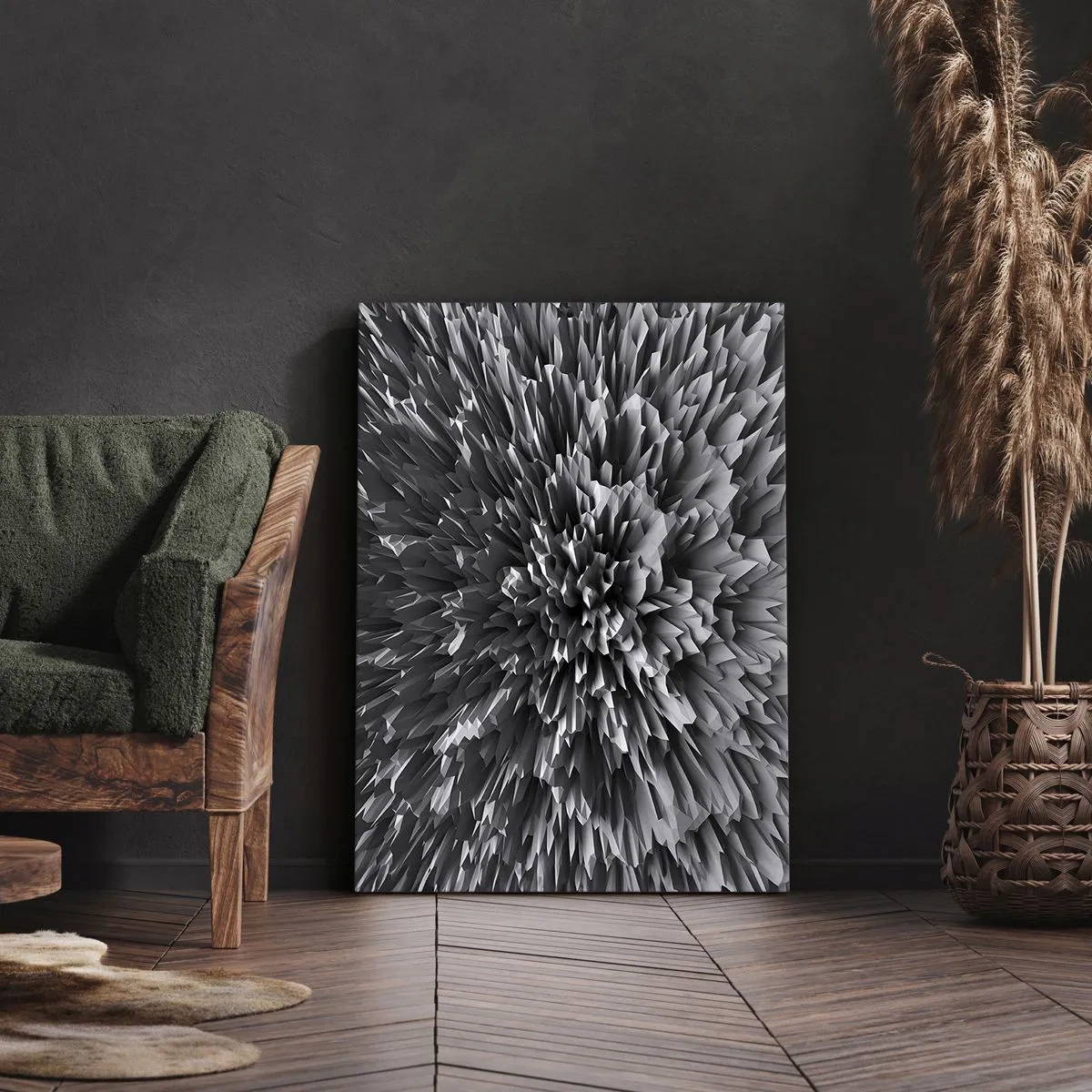 Obraz na płótnie - Abstrakcyjna czarno-biała struktura 3D z dynamiczną kompozycją - 50x70cm - Już ostrzej się nie da - Nowoczesna dekoracja ścienna do salonu, kuchni i sypialni ARTTOR
