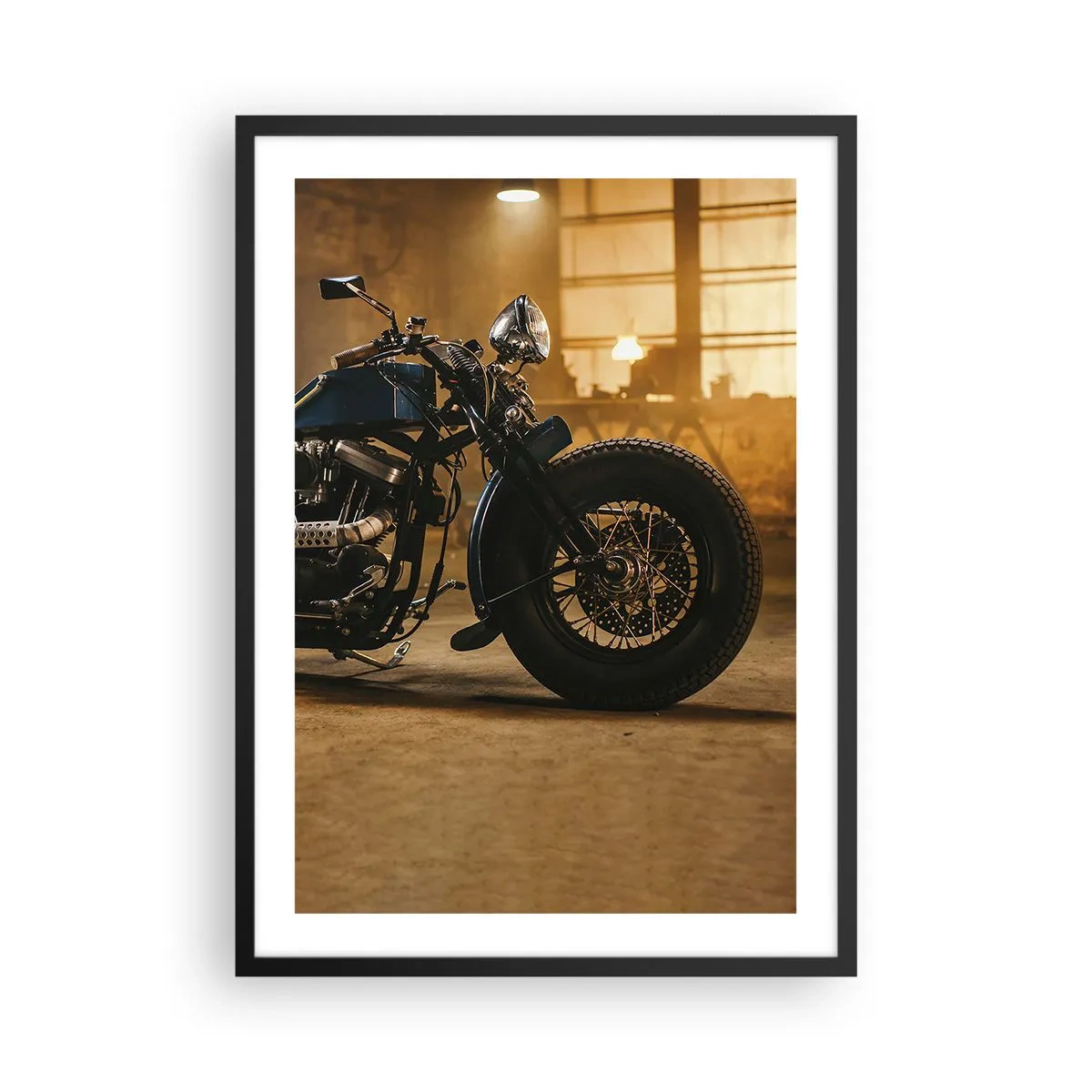 Plakat w czarnej ramie - Motocykl w stylowym warsztacie - 50x70cm - Mogę wszystko - Nowoczesna dekoracja ścienna do salonu i sypialni ARTTOR