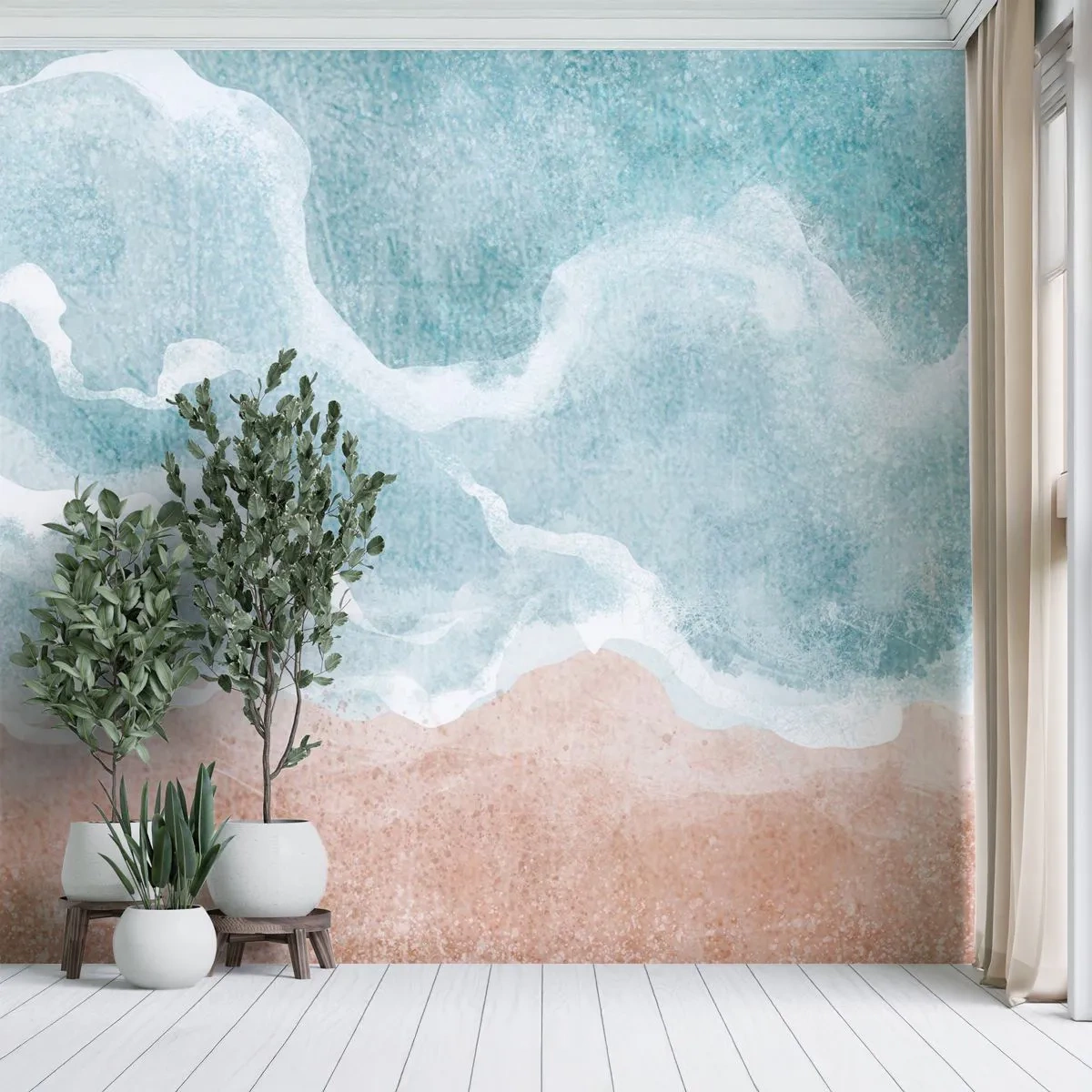 Fototapeta Premium Canvas - Abstrakcyjna plaża z falami w odcieniach błękitu i beżu - 100x70cm - Abstrakcja obłoczna - Nowoczesna dekoracja ścienna do salonu i sypialni ARTTOR