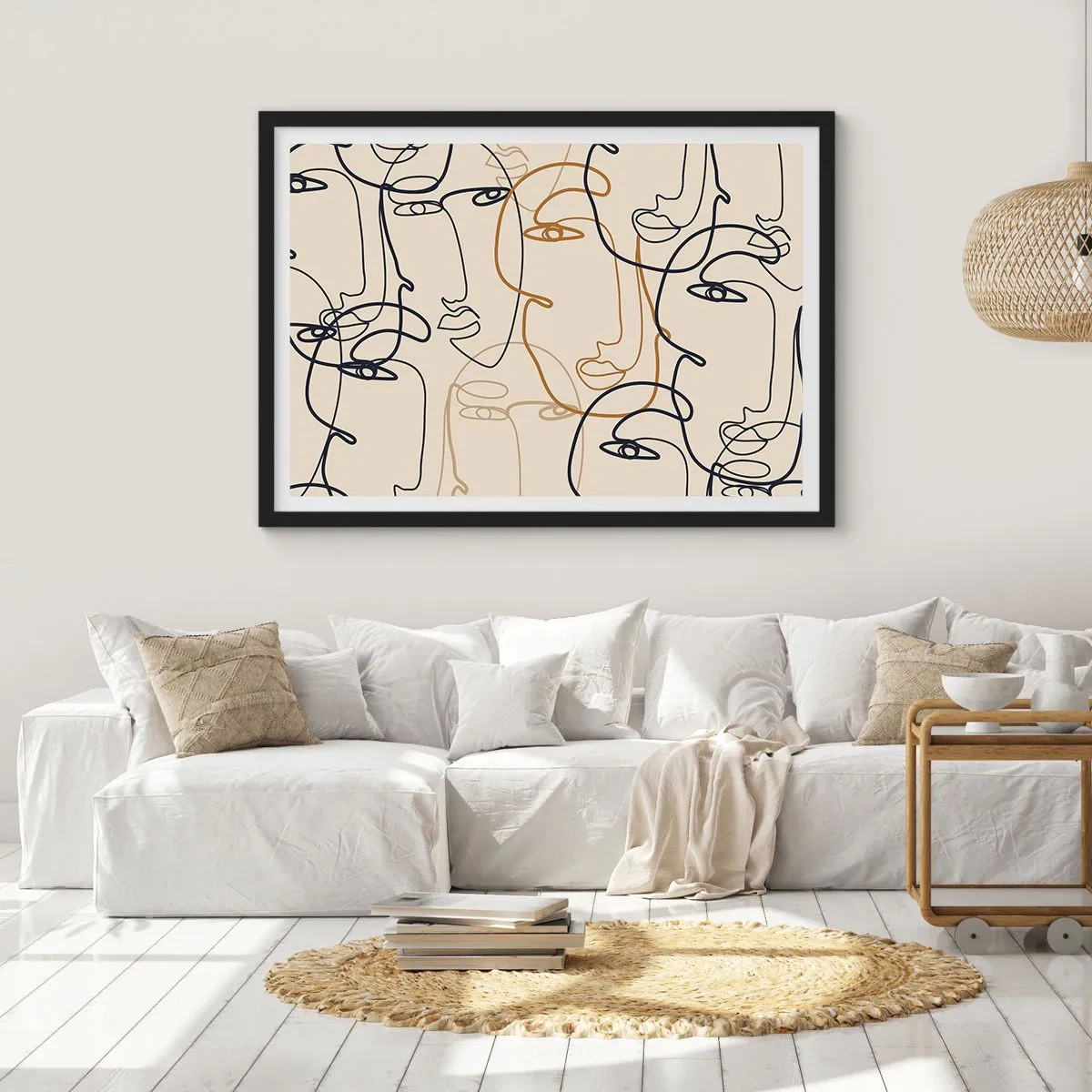 Plakat w czarnej ramie - Minimalistyczne twarze w stylu line art na jasnym tle - 70x50cm - Portret zwielokrotniony - Nowoczesna dekoracja ścienna do salonu i sypialni ARTTOR