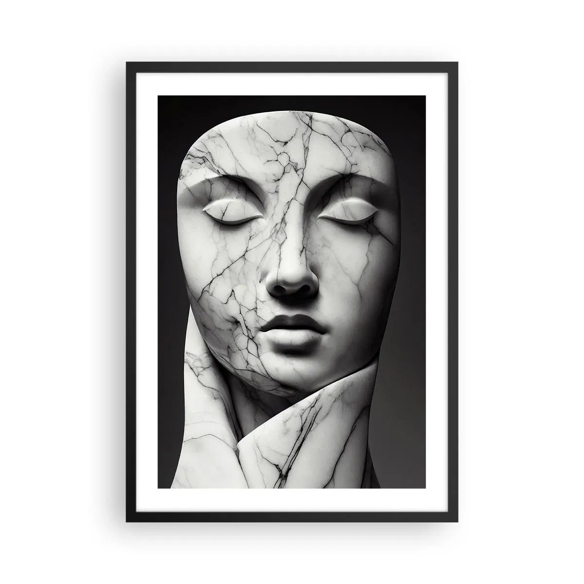 Plakat w czarnej ramie - Marmurowa twarz rzeźby z zamkniętymi oczami na czarnym tle - 50x70cm - Marmurowe kształty - Nowoczesna dekoracja ścienna do salonu i sypialni ARTTOR