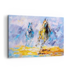 Obraz na płótnie - Dwa konie w ruchu na tle abstrakcyjnego pejzażu - 120x80cm - Galopem przez blask - Nowoczesna dekoracja ścienna do salonu, kuchni i sypialni ARTTOR