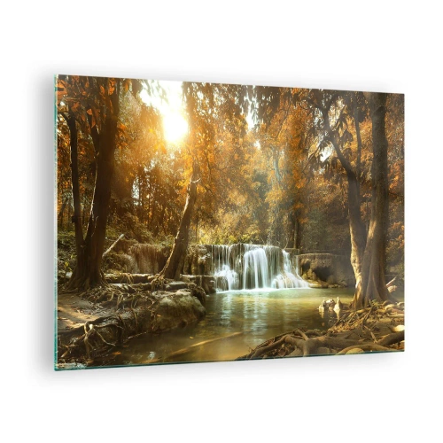 Obraz na szkle - Wodospad w parku otoczonym drzewami w jesiennych barwach - 70x50cm - Parkowa kaskada - Nowoczesna dekoracja ścienna do salonu i sypialni ARTTOR