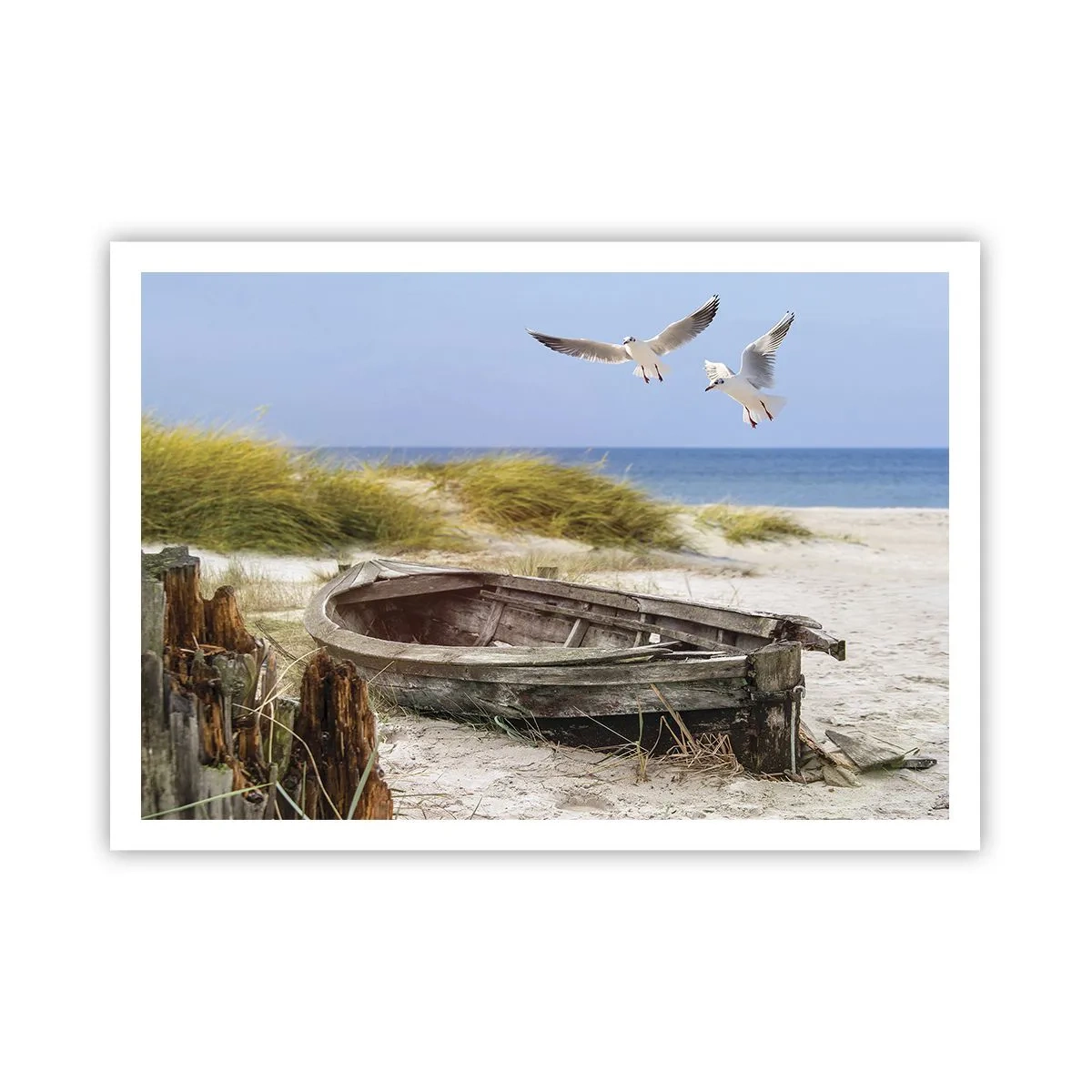 Plakat - Porzucona łódka na plaży z mewami - 100x70cm - Skąpane wiatrem - Nowoczesna dekoracja ścienna do salonu i sypialni ARTTOR