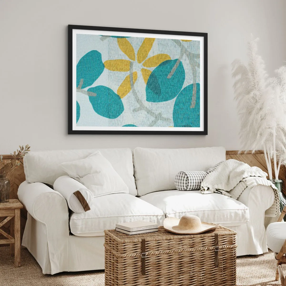 Plakat w czarnej ramie - Liście w odcieniach turkusu i żółci na jasnym tle - 70x50cm - Wśród lazurowych liści - Nowoczesna dekoracja ścienna do salonu i sypialni ARTTOR