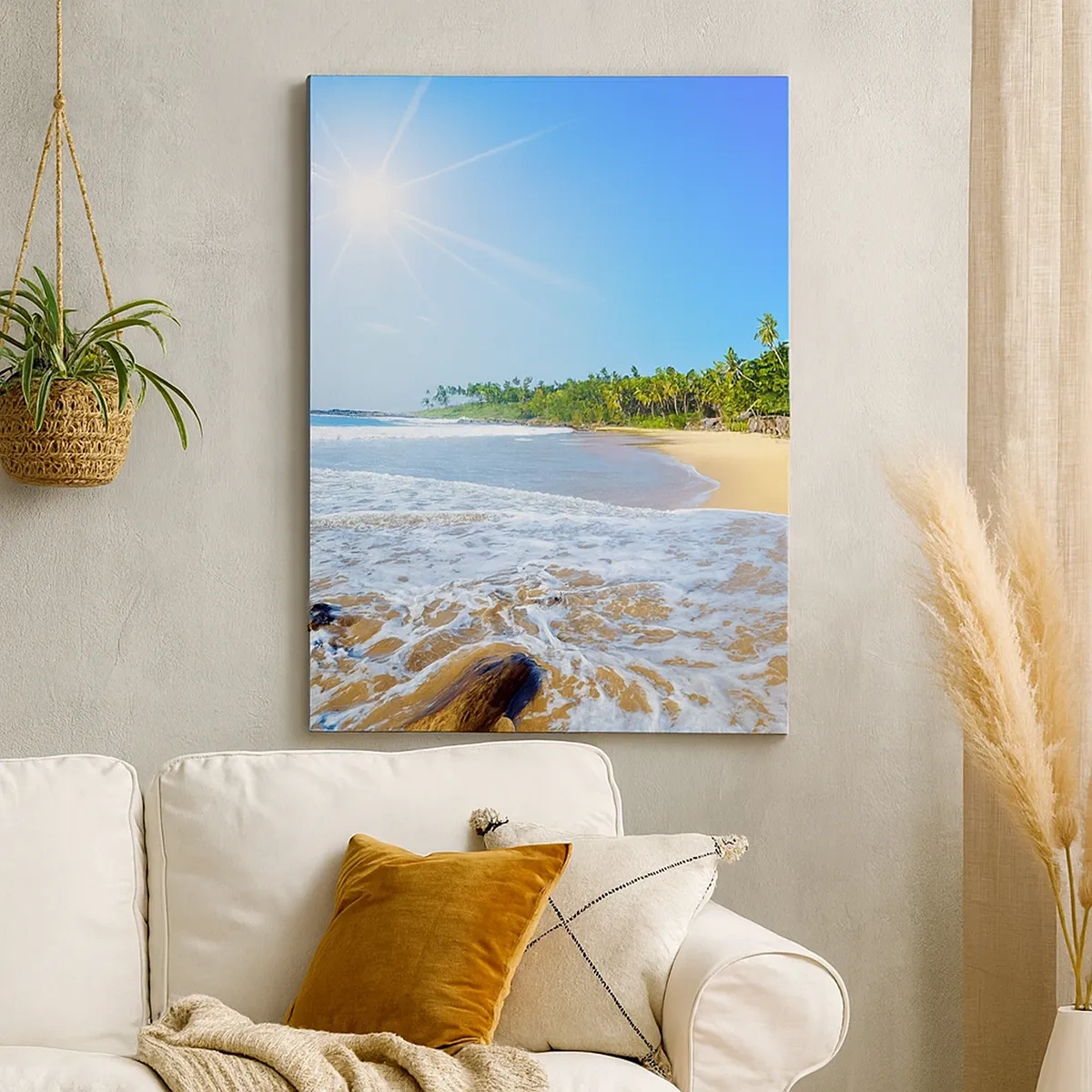 Obraz na płótnie - Tropikalna plaża z palmami i falami pod błękitnym niebem - 50x70cm - Egzotyczne miejsce dla ciebie - Nowoczesna dekoracja ścienna do salonu, kuchni i sypialni ARTTOR