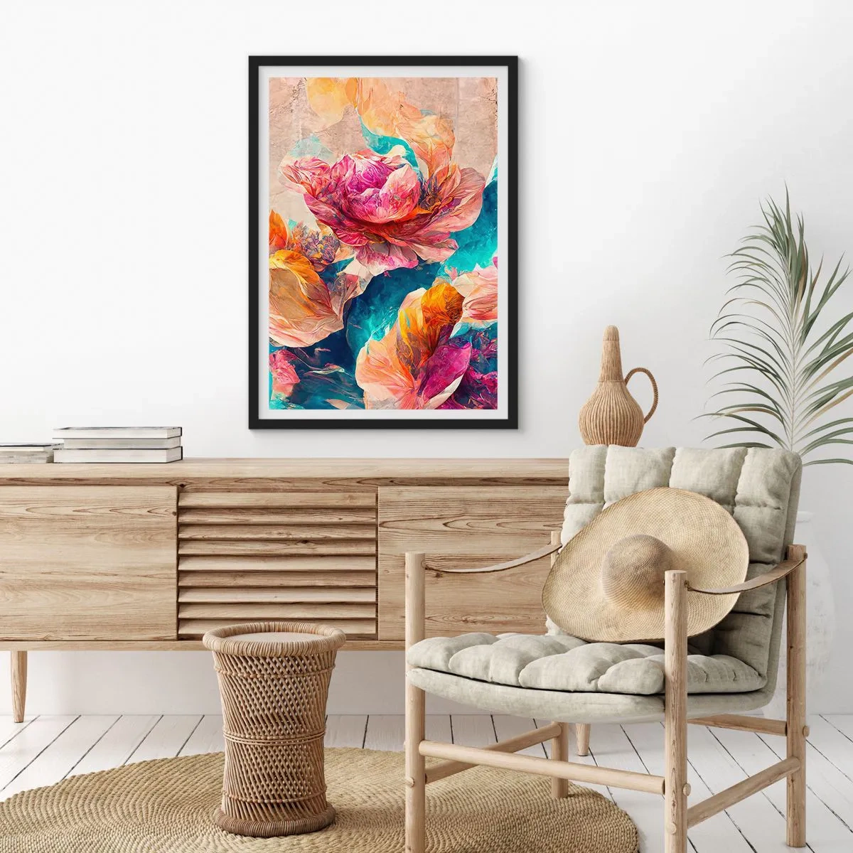 Plakat w czarnej ramie - Abstrakcyjne kwiaty w odcieniach różu i turkusu - 50x70cm - Barwny przepych bukietu - Nowoczesna dekoracja ścienna do salonu i sypialni ARTTOR