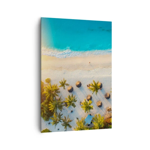 Obraz na płótnie - Widok na tropikalną plażę z palmami i turkusowym morzem - 70x100cm - Witaj w raju - Nowoczesna dekoracja ścienna do salonu i sypialni ARTTOR