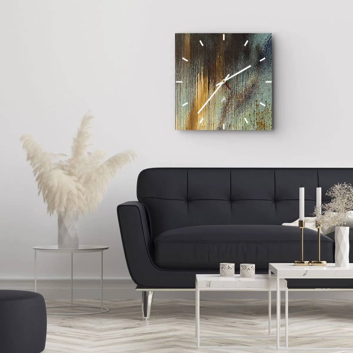 Zegar ścienny - Abstrakcyjna kompozycja barw w odcieniach złota, brązu i błękitu - 30x30cm - Nieprzypadkowa barwna kompozycja - Nowoczesna dekoracja ścienna do salonu i sypialni ARTTOR