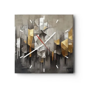 Zegar ścienny - Geometryczna abstrakcja w odcieniach złota i szarości - 30x30cm - Kompozycja z lodu i światła - Nowoczesna dekoracja ścienna do salonu i sypialni ARTTOR