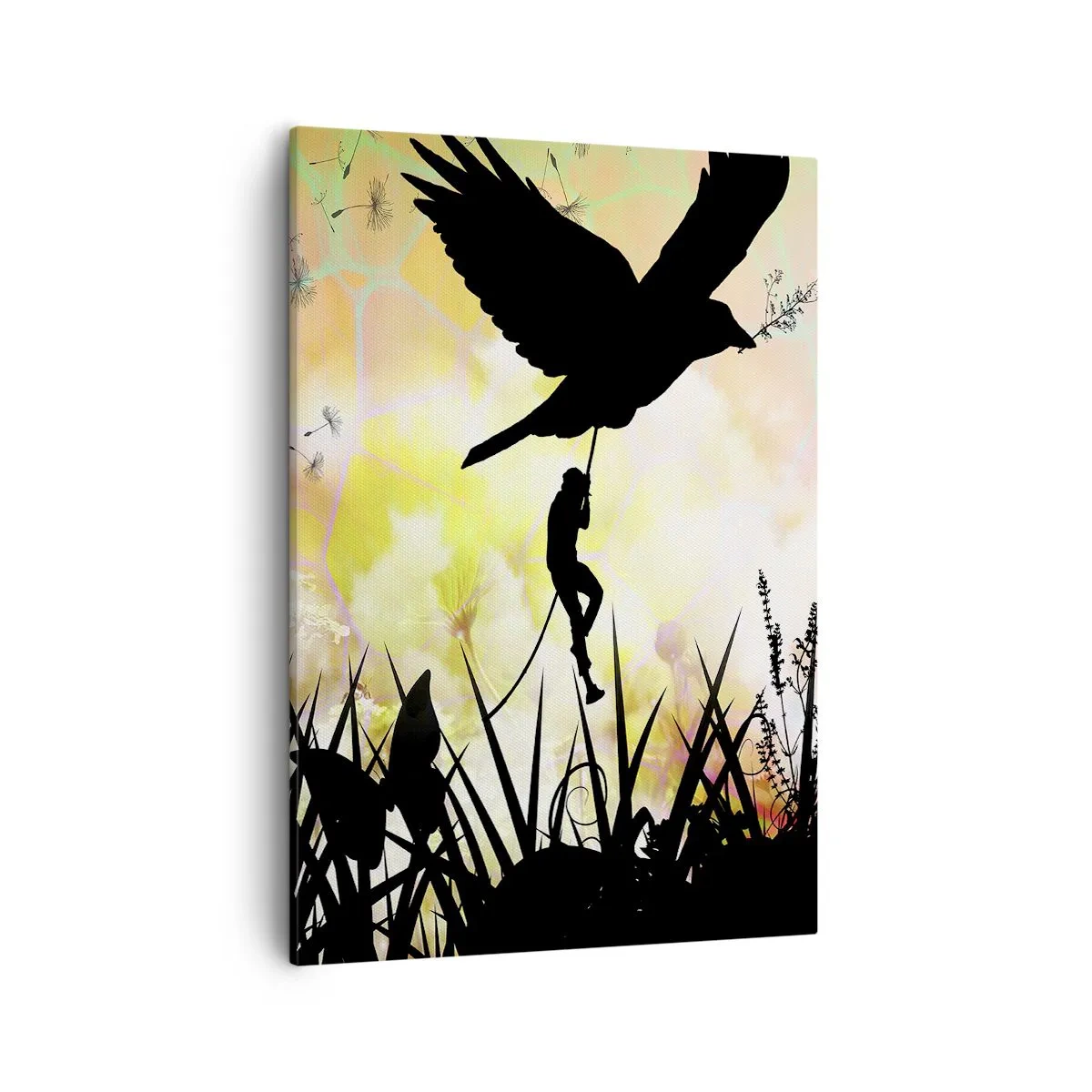 Obraz na płótnie - Czarna sylwetka ptaka i człowieka na tle natury - 50x70cm - W baśniowym klimacie - Nowoczesna dekoracja ścienna do salonu, kuchni i sypialni ARTTOR