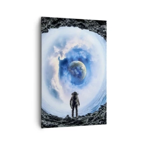 Obraz na płótnie - Astronauta na tle kosmicznego pejzażu z Ziemią - 80x120cm - Już niedaleko do domu - Nowoczesna dekoracja ścienna do salonu i sypialni ARTTOR