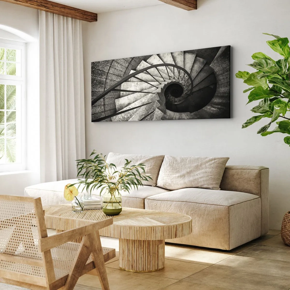 Obraz na płótnie - Czarno-białe spiralne schody w nowoczesnym stylu - 140x50cm - Schodami w górę, schodami w dół - Nowoczesna dekoracja ścienna do salonu i sypialni ARTTOR