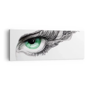 Obraz na płótnie - Artystyczne oko z zieloną tęczówką i detalami rysunku - 140x50cm - Piękna i gotowa do ataku - Nowoczesna dekoracja ścienna do salonu i sypialni ARTTOR