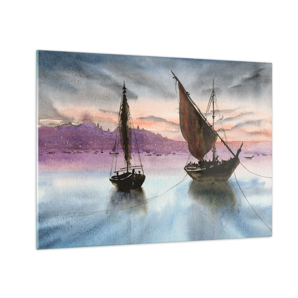 Obraz na szkle - Dwa żaglowce na spokojnej wodzie przy zachodzie słońca - 70x50cm - Wieczór w porcie - Nowoczesna dekoracja ścienna do salonu i sypialni ARTTOR