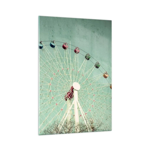 Obraz na szkle - Kolorowy diabelski młyn na tle błękitnego nieba w stylu retro - 70x100cm - Zapraszamy do zabawy - Nowoczesna dekoracja ścienna do salonu i sypialni ARTTOR