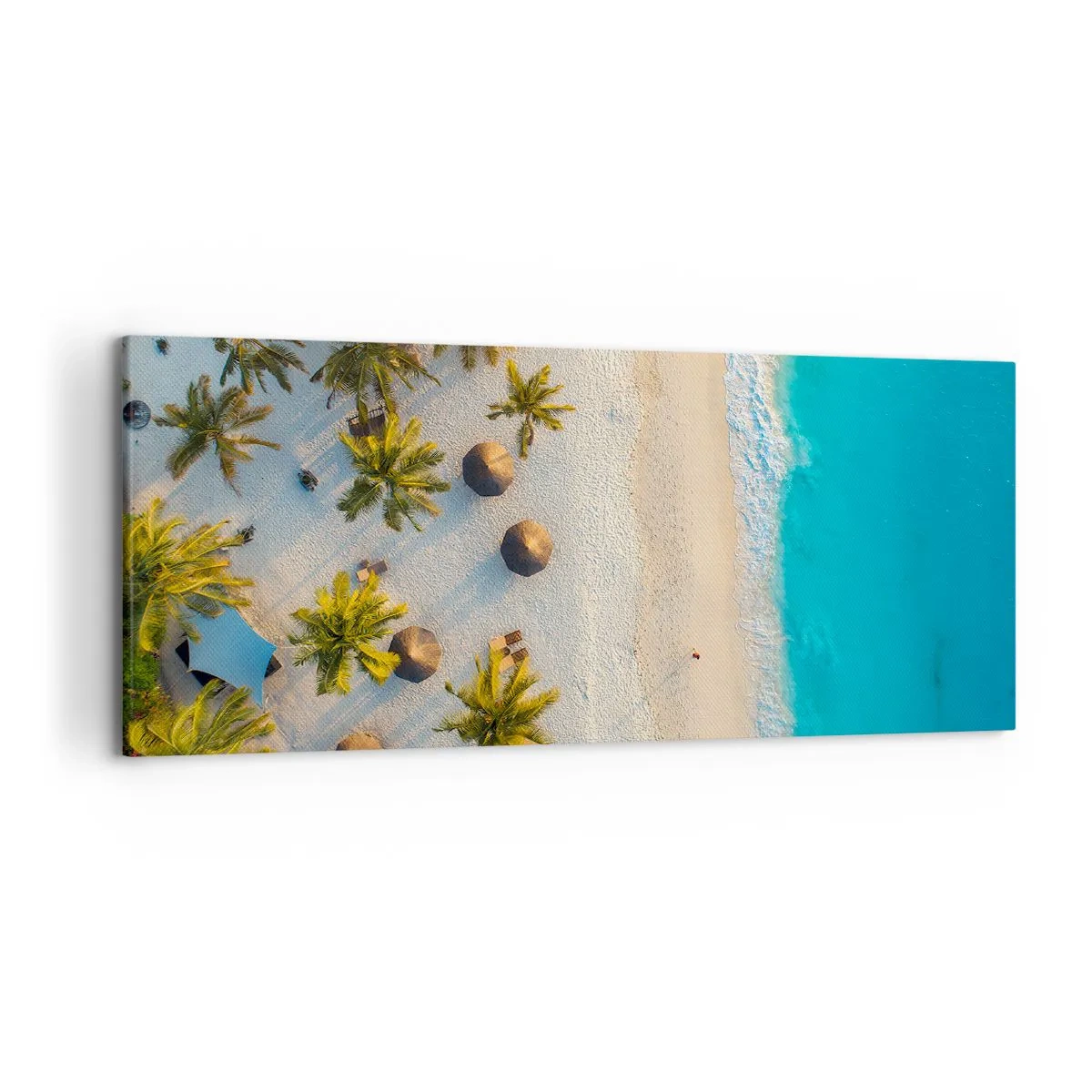 Obraz na płótnie - Widok na tropikalną plażę z palmami i turkusowym morzem - 120x50cm - Witaj w raju - Nowoczesna dekoracja ścienna do salonu i sypialni ARTTOR