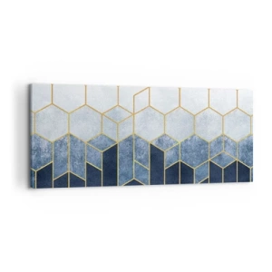 Obraz na płótnie - Geometryczny wzór w odcieniach złota i granatu - 120x50cm - Kompozycja w synkopowym rytmie - Nowoczesna dekoracja ścienna do salonu i sypialni ARTTOR