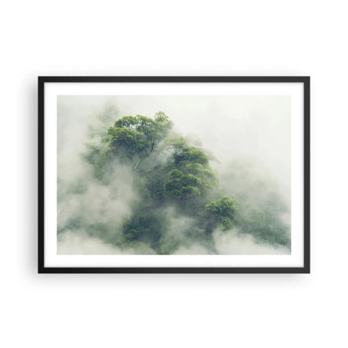 Plakat w czarnej ramie - Zielone drzewa w gęstej mgle na tle natury - 70x50cm - Otulone mgłą - Nowoczesna dekoracja ścienna do salonu i sypialni ARTTOR