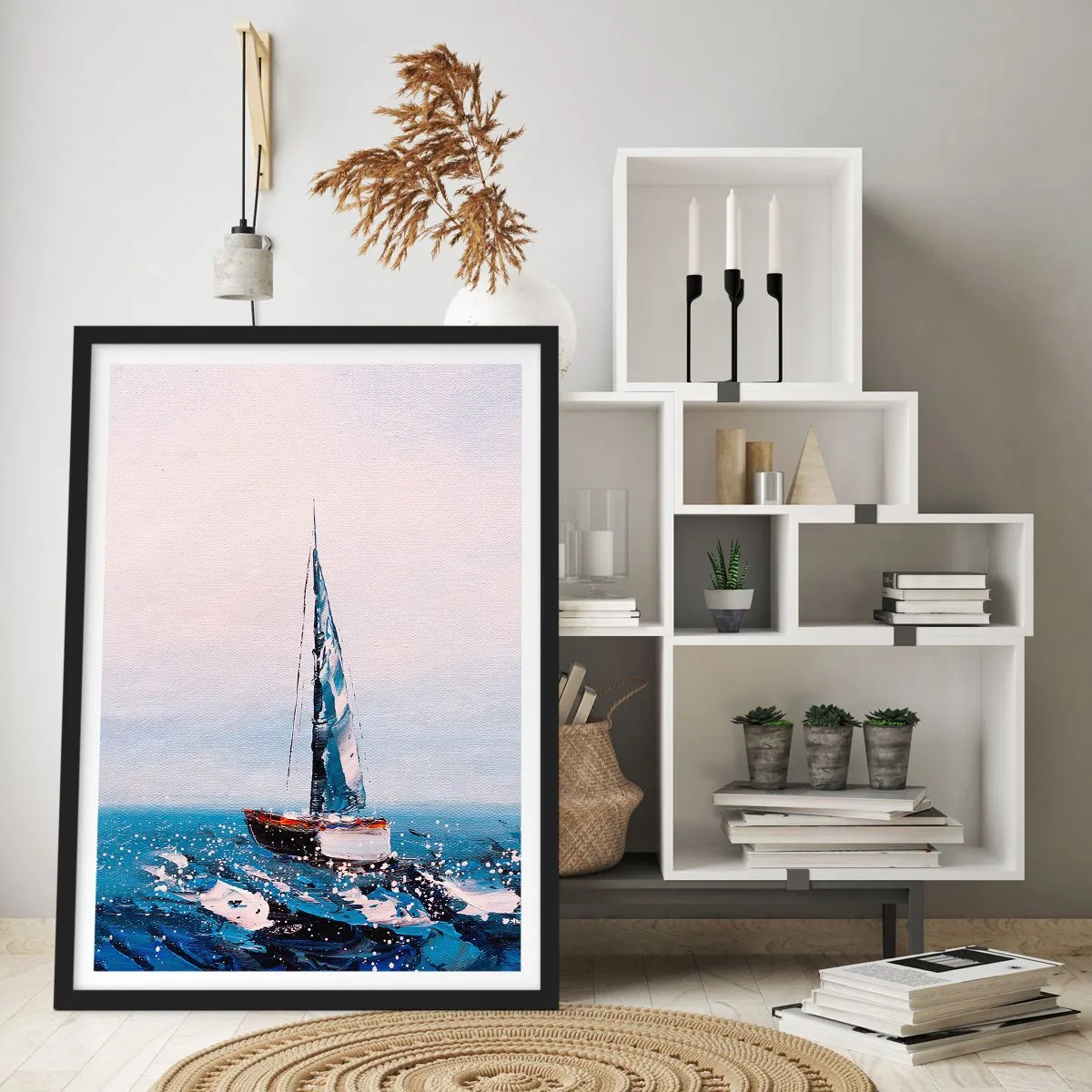 Plakat w czarnej ramie - Żaglówka na wzburzonym oceanie w malarskim stylu - 50x70cm - Braterstwo wiatru - Nowoczesna dekoracja ścienna do salonu i sypialni ARTTOR
